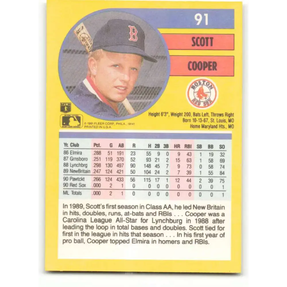 1991 Fleer #91 Scott Cooper NM-MT Boston Red Sox Baseball Card - Baseball Card Single