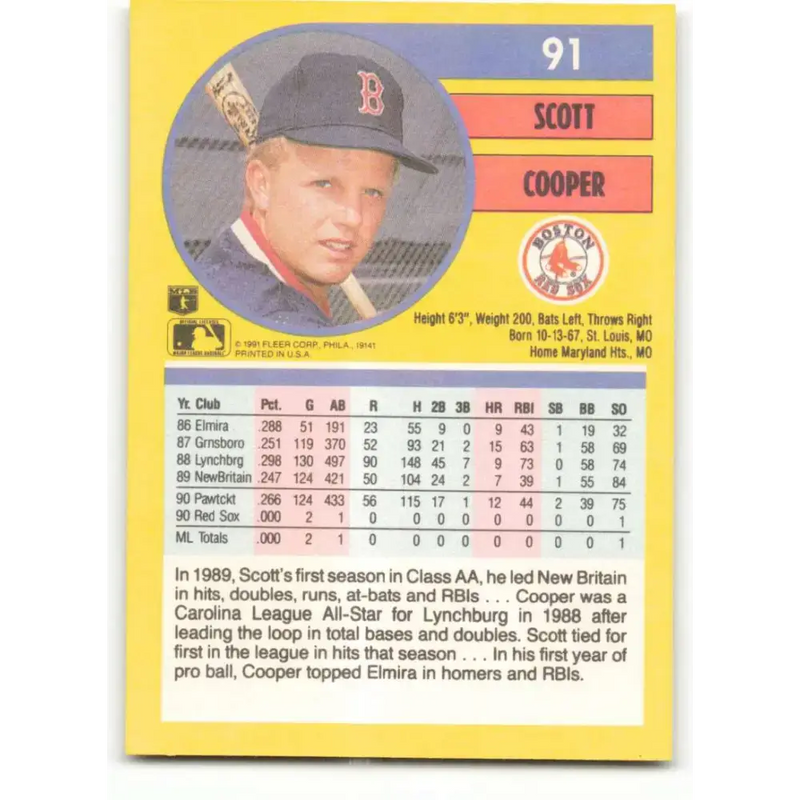 1991 Fleer #91 Scott Cooper NM-MT Boston Red Sox Baseball Card - Baseball Card Single