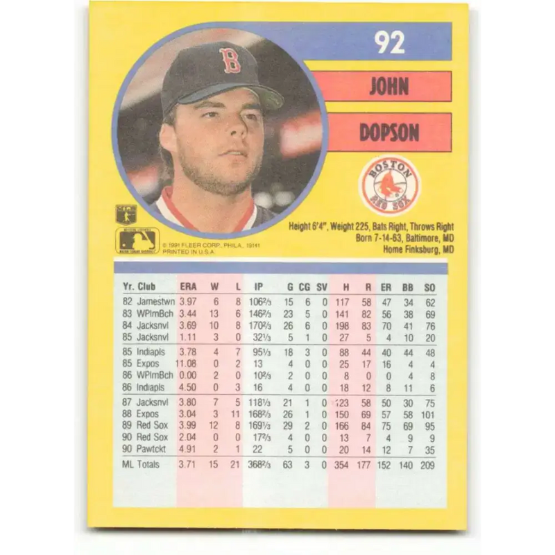 1991 Fleer #92 John Dopson NM-MT Boston Red Sox Baseball Card - Baseball Card Single