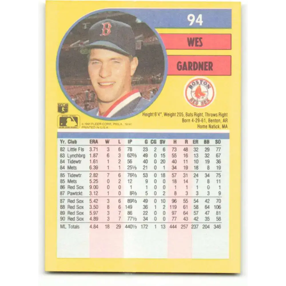 1991 Fleer #94 Wes Gardner NM-MT Boston Red Sox Baseball Card - Baseball Card Single