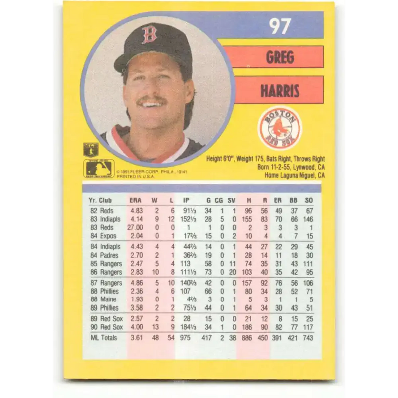 1991 Fleer #97 Greg Harris NM-MT Boston Red Sox Baseball Card - Baseball Card Single
