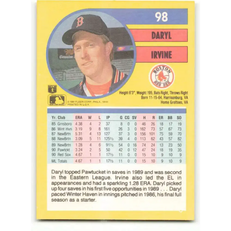 1991 Fleer #98 Daryl Irvine NM-MT RC Rookie Boston Red Sox Baseball Card - Baseball Card Single