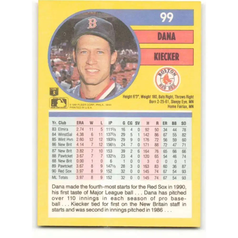 1991 Fleer #99 Dana Kiecker NM-MT Boston Red Sox Baseball Card - Baseball Card Single