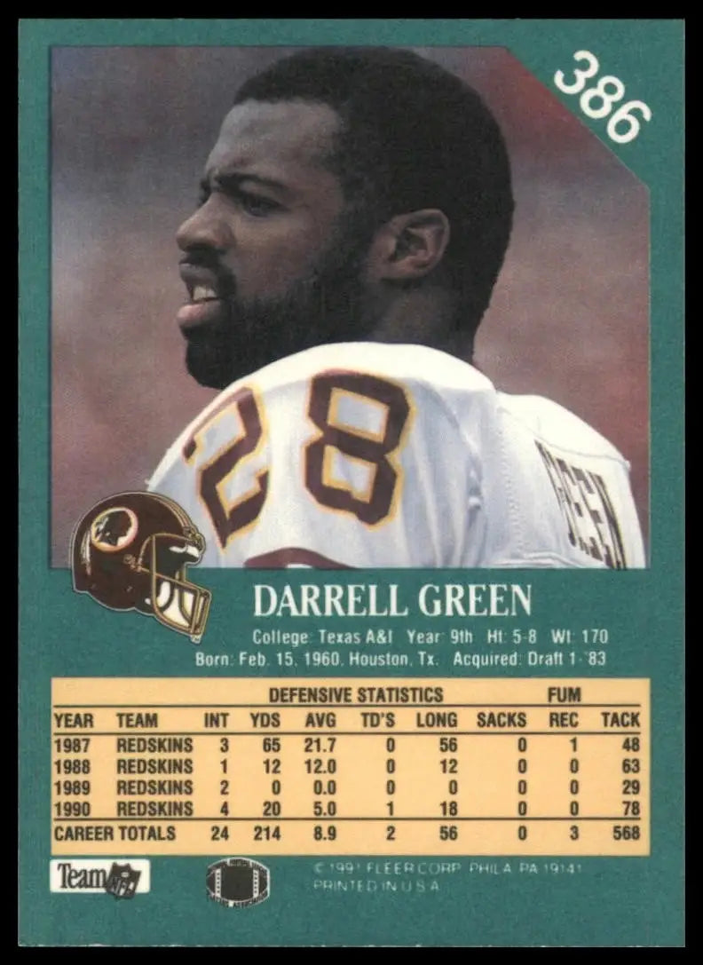 1991 Fleer Darrell Green #386 Washington Redskins Football Card NFL Sports - Football Card Single
