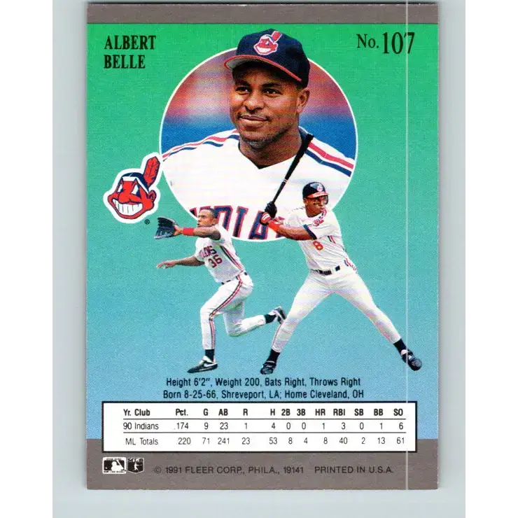 1991 Fleer Ultra #107 Albert Belle NM-MT Cleveland Indians Baseball Card - Baseball Card Single