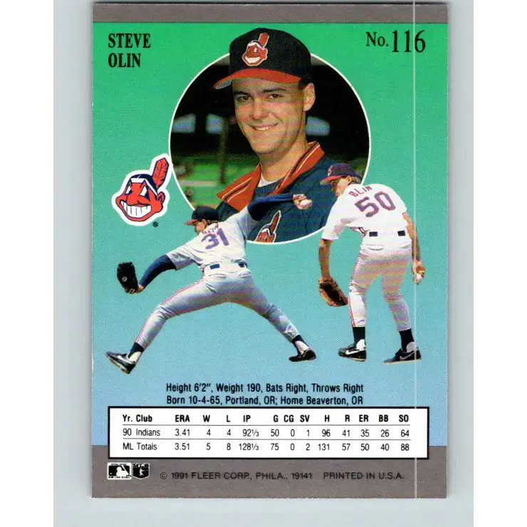 1991 Fleer Ultra #116 Steve Olin UER NM-MT Cleveland Indians Baseball Card - Baseball Card Single