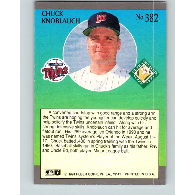 1991 Fleer Ultra #382 Chuck Knoblauch MLP NM-MT Minnesota Twins Baseball Card - Baseball Card Single