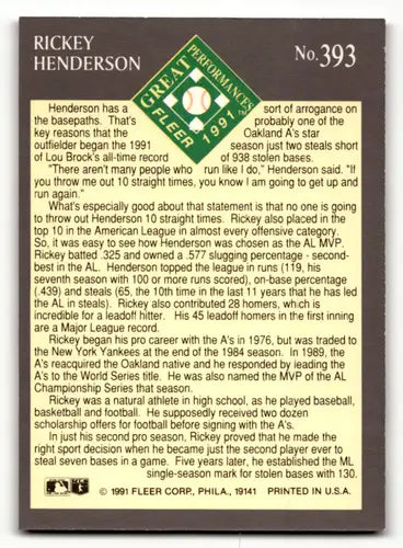 1991 Fleer Ultra #393 Rickey Henderson EX/NM Athletics EP ID:63360 - Baseball Card Single