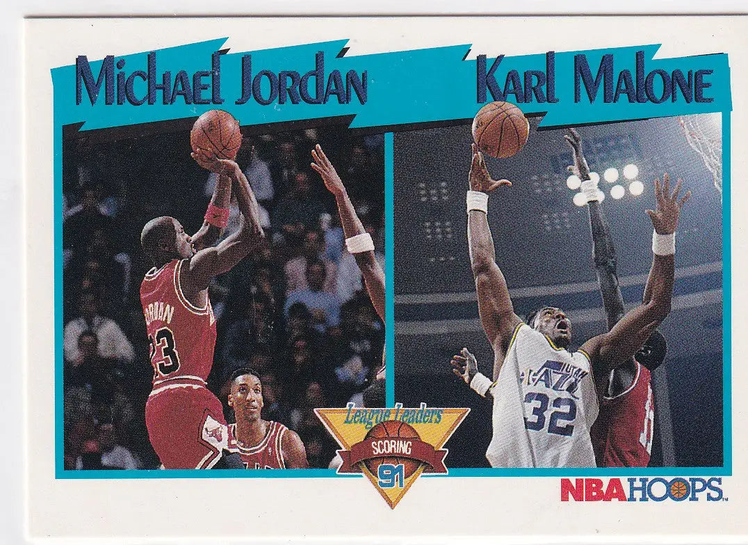 1991 HOOPS #306 JORDAN AND MALONE LEAGUE LEADERS- CHICAGO BULLS - Basketball Card Single