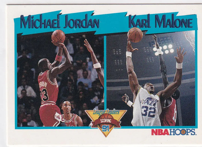 1991 HOOPS #306 JORDAN AND MALONE LEAGUE LEADERS- CHICAGO BULLS - Basketball Card Single