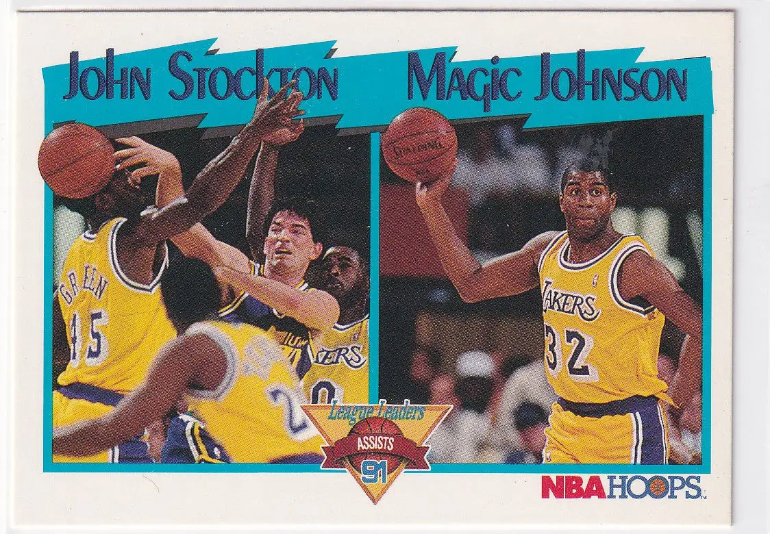1991 HOOPS #312 STOCKTON AND MAGIC LEAGUE LEADERS- LOS ANGELES LAKERS - Basketball Card Single
