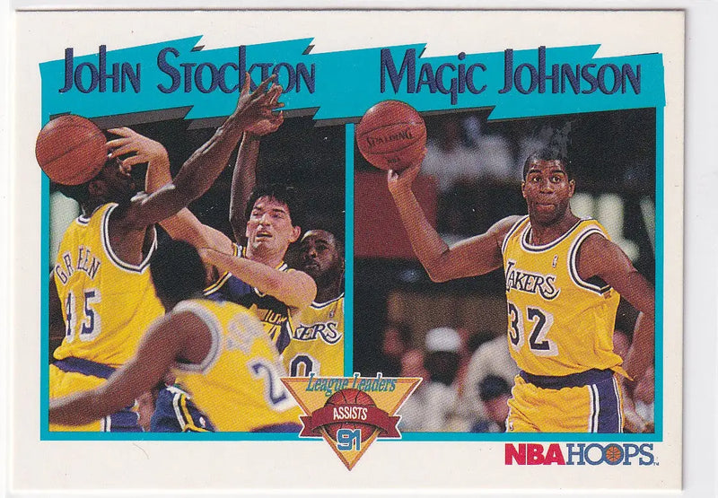 1991 HOOPS #312 STOCKTON AND MAGIC LEAGUE LEADERS- LOS ANGELES LAKERS - Basketball Card Single