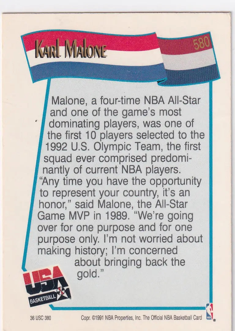 1991 HOOPS #580 KARL MALONE USA- UTAH JAZZ - Basketball Card Single