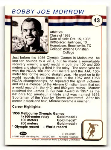 Original gloss Bobby Joe Morrow trading card from 1991 Impel Olympic Hall of Fame