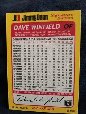 1991 Jimmy Dean Signature Edition - #22 - Dave Winfield - California Angels. EX - Baseball Card Single