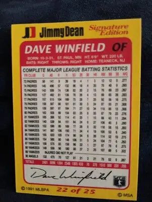1991 Jimmy Dean Signature Edition - #22 - Dave Winfield - California Angels. EX - Baseball Card Single