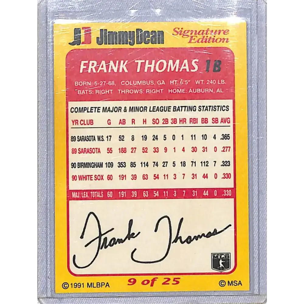 1991 Jimmy Dean Signature Edition #9 Frank Thomas NM-MT Chicago White Sox Baseball Card - Baseball Card Single