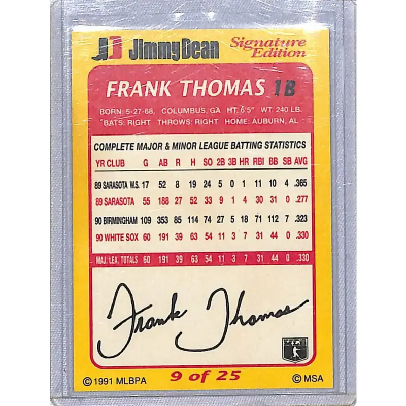 1991 Jimmy Dean Signature Edition #9 Frank Thomas NM-MT Chicago White Sox Baseball Card - Baseball Card Single