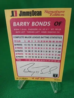 1991 Jimmy Dean Signature Edition Barry Bonds #4. Pirates. EX - Baseball Card Single