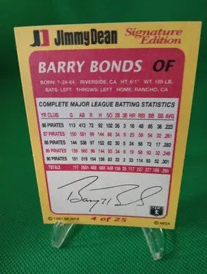 1991 Jimmy Dean Signature Edition Barry Bonds #4. Pirates. EX - Baseball Card Single