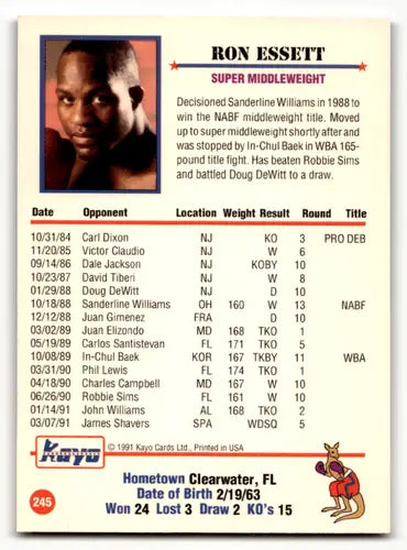 Original gloss Ron Essett boxing card from 1991 Kayo #245 featuring Simply Sandoval