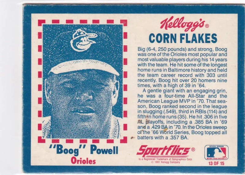 1991 KELLOGGS #13 BOOG POWELL CORN FLAKES HOLOGRAM- BALTIMORE ORIOLES