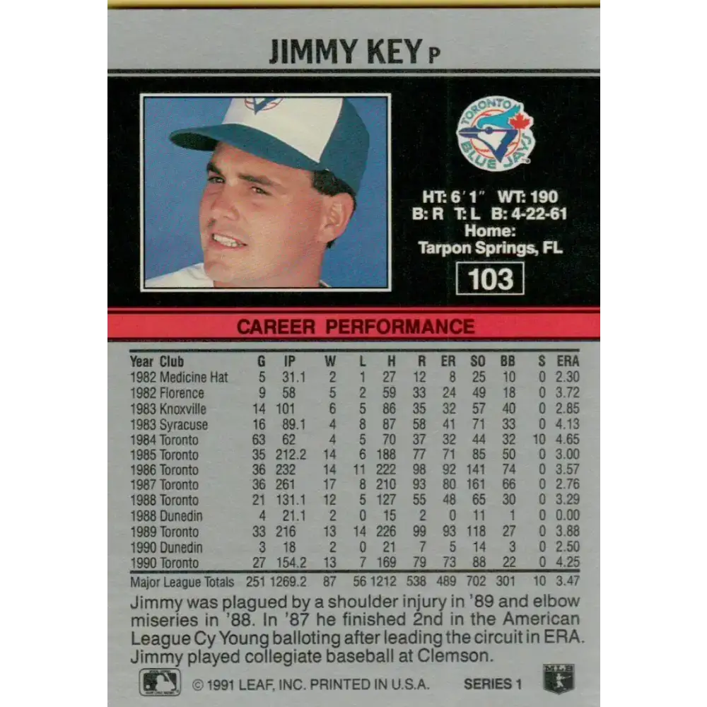 1991 Leaf #103 Jimmy Key NM-MT Toronto Blue Jays Baseball Card - Baseball Card Single