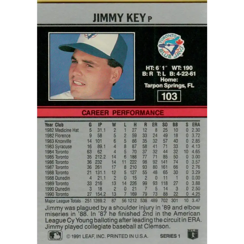 1991 Leaf #103 Jimmy Key NM-MT Toronto Blue Jays Baseball Card - Baseball Card Single