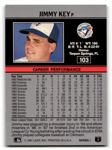 1991 Leaf #103 Jimmy Key NM Near Mint Blue Jays ID:55924 - Baseball Card Single