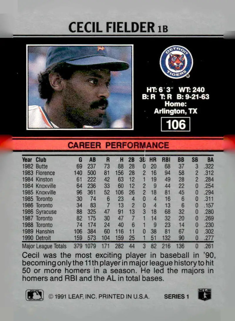 1991 Leaf #106 Cecil Fielder - Baseball Card Single