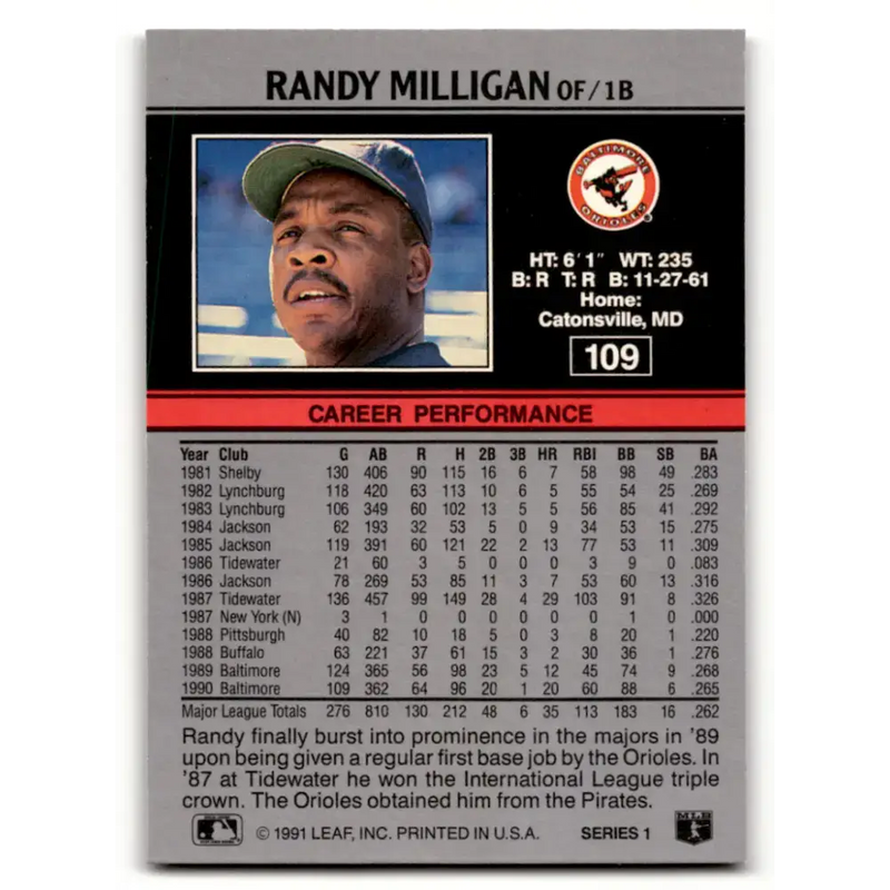1991 Leaf #109 Randy Milligan NM-MT Baltimore Orioles Baseball Card - Baseball Card Single