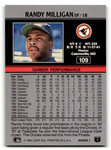 1991 Leaf #109 Randy Milligan NM Near Mint Orioles ID:55912 - Baseball Card Single