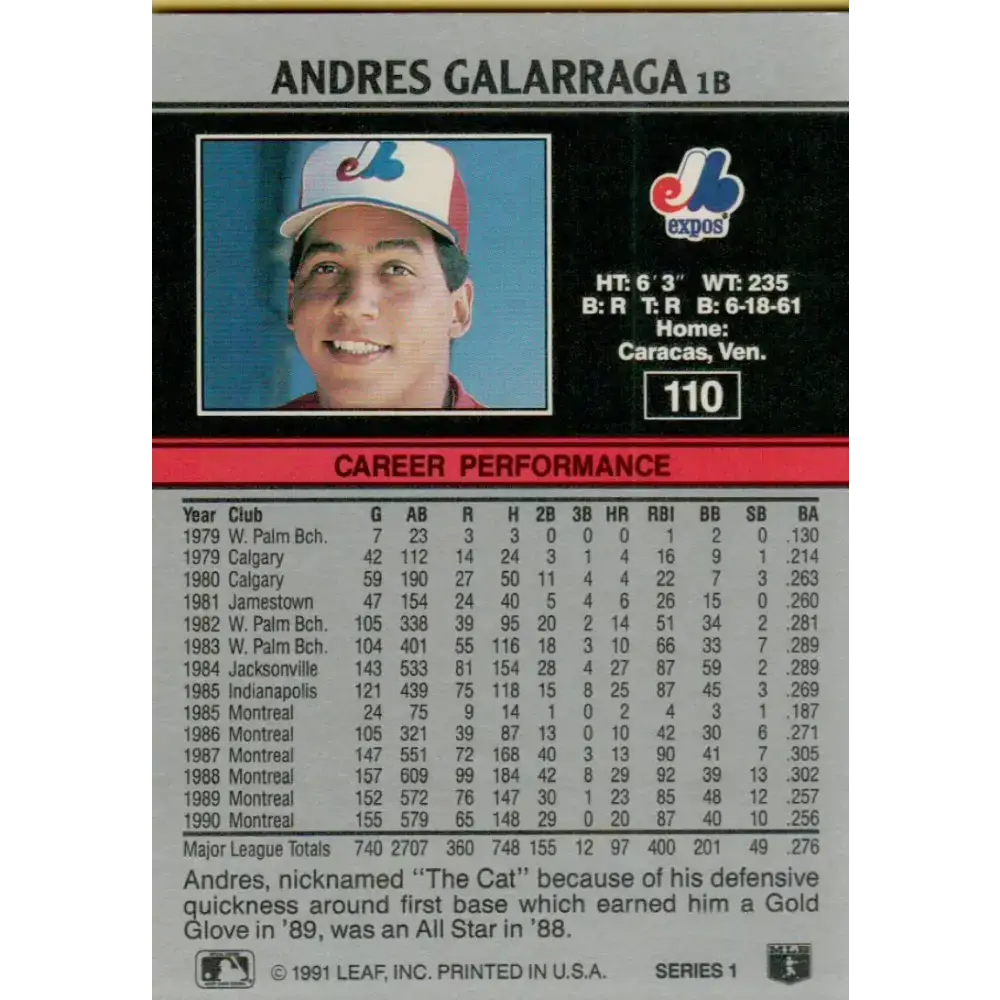 1991 Leaf #110 Andres Galarraga NM-MT Montreal Expos Baseball Card - Baseball Card Single