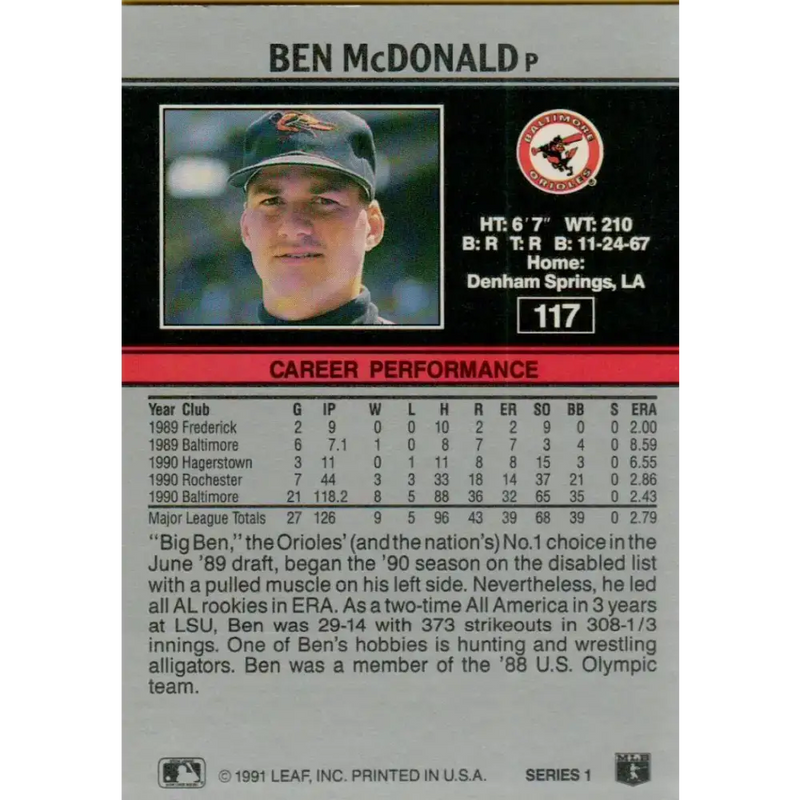 1991 Leaf #117 Ben McDonald NM-MT Baltimore Orioles Baseball Card - Baseball Card Single