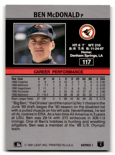 1991 Leaf #117 Ben McDonald NM Near Mint Orioles ID:55922 - Baseball Card Single