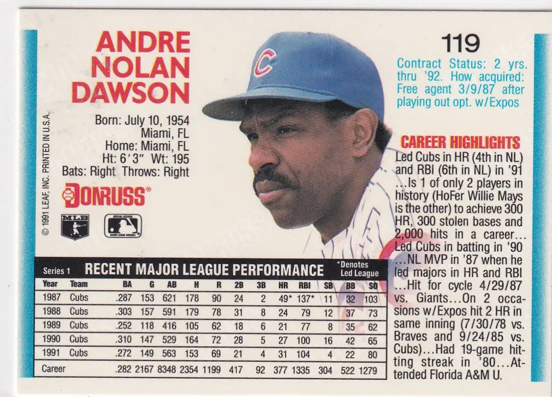 1991 LEAF #119 ANDRE DAWSON- CHICAGO CUBS - Baseball Card Single