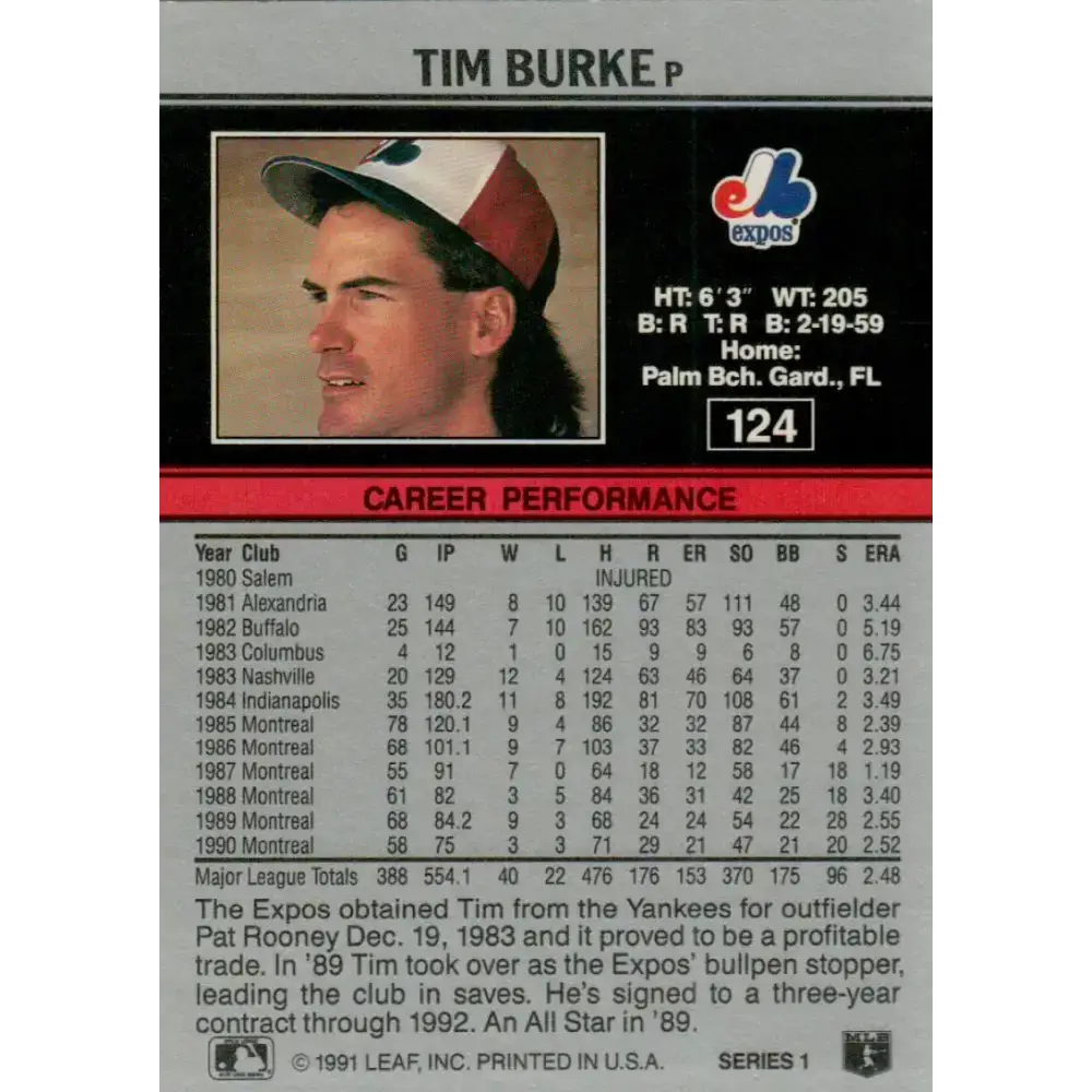 1991 Leaf #124 Tim Burke NM-MT Montreal Expos Baseball Card - Baseball Card Single