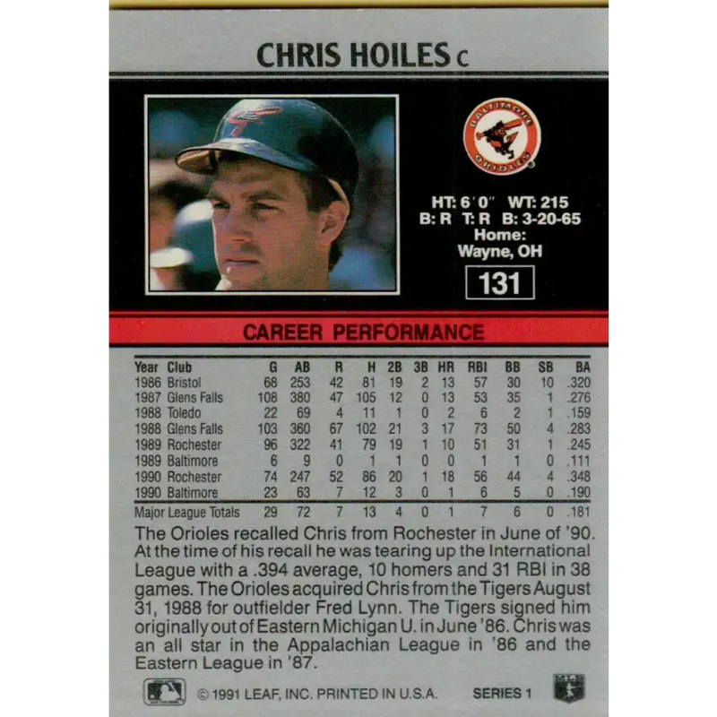 1991 Leaf #131 Chris Hoiles NM-MT Baltimore Orioles Baseball Card - Baseball Card Single