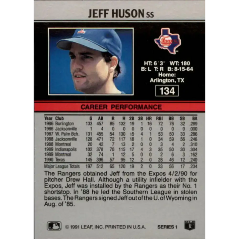 1991 Leaf #134 Jeff Huson NM-MT Texas Rangers Baseball Card - Baseball Card Single