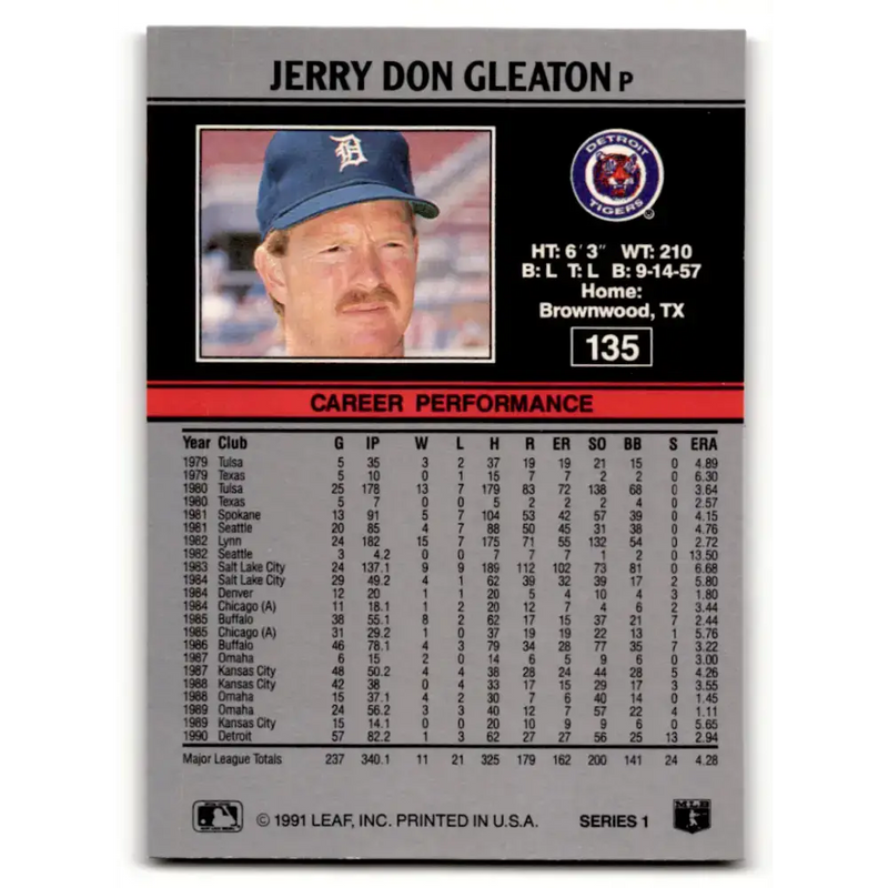 1991 Leaf #135 Jerry Don Gleaton NM-MT Detroit Tigers Baseball Card - Baseball Card Single
