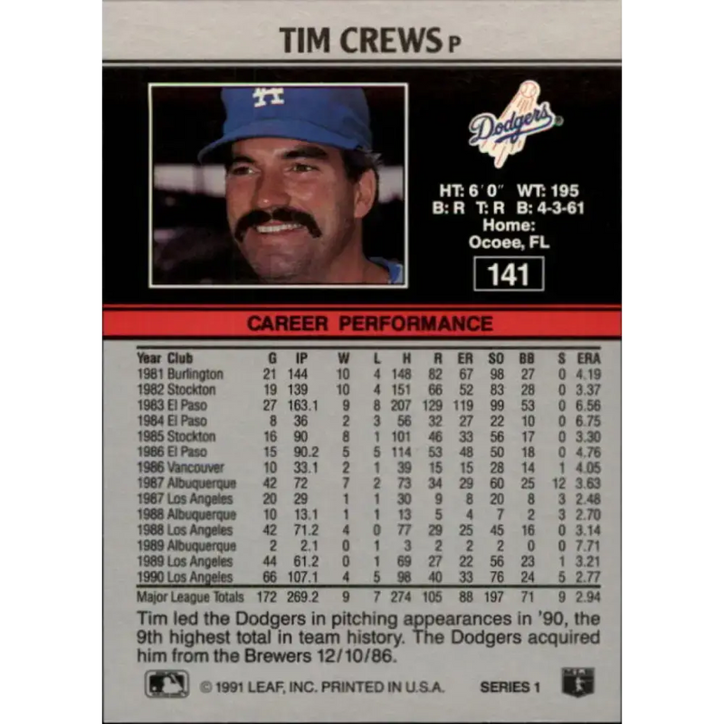 1991 Leaf #141 Tim Crews NM-MT Los Angeles Dodgers Baseball Card - Baseball Card Single