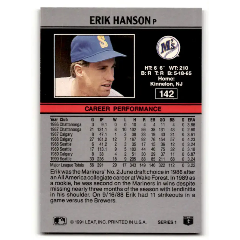 1991 Leaf #142 Erik Hanson NM-MT Seattle Mariners Baseball Card - Baseball Card Single