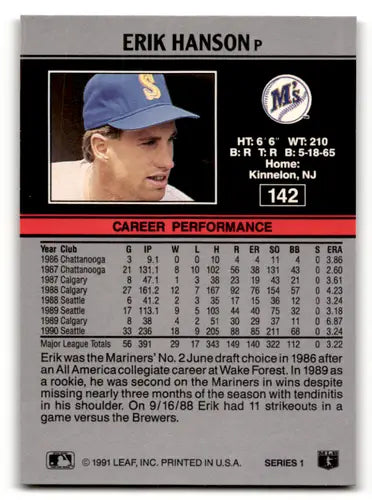 1991 Leaf #142 Erik Hanson NM Near Mint Mariners ID:55905 - Baseball Card Single