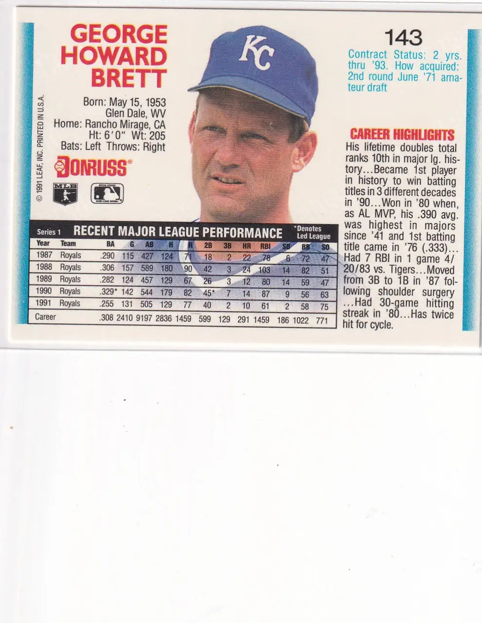 1991 LEAF #143 GEROGE BRETT- KANSAS CITY ROYALS - Baseball Card Single