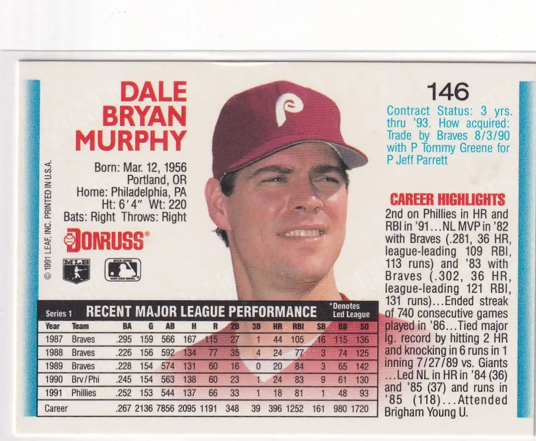 1991 LEAF #146 DALE MURPHY- PHILADELPHIA PHILLIES - Baseball Card Single