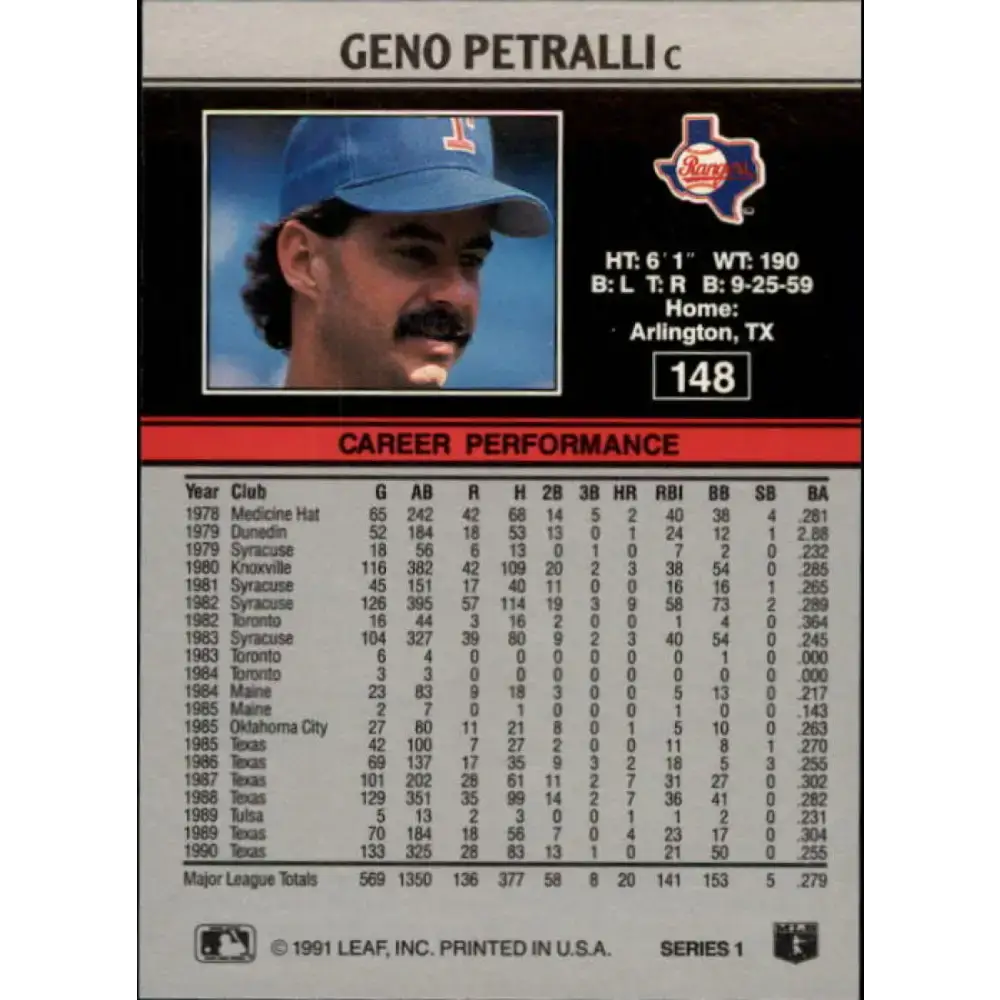 1991 Leaf #148 Geno Petralli NM-MT Texas Rangers Baseball Card - Baseball Card Single
