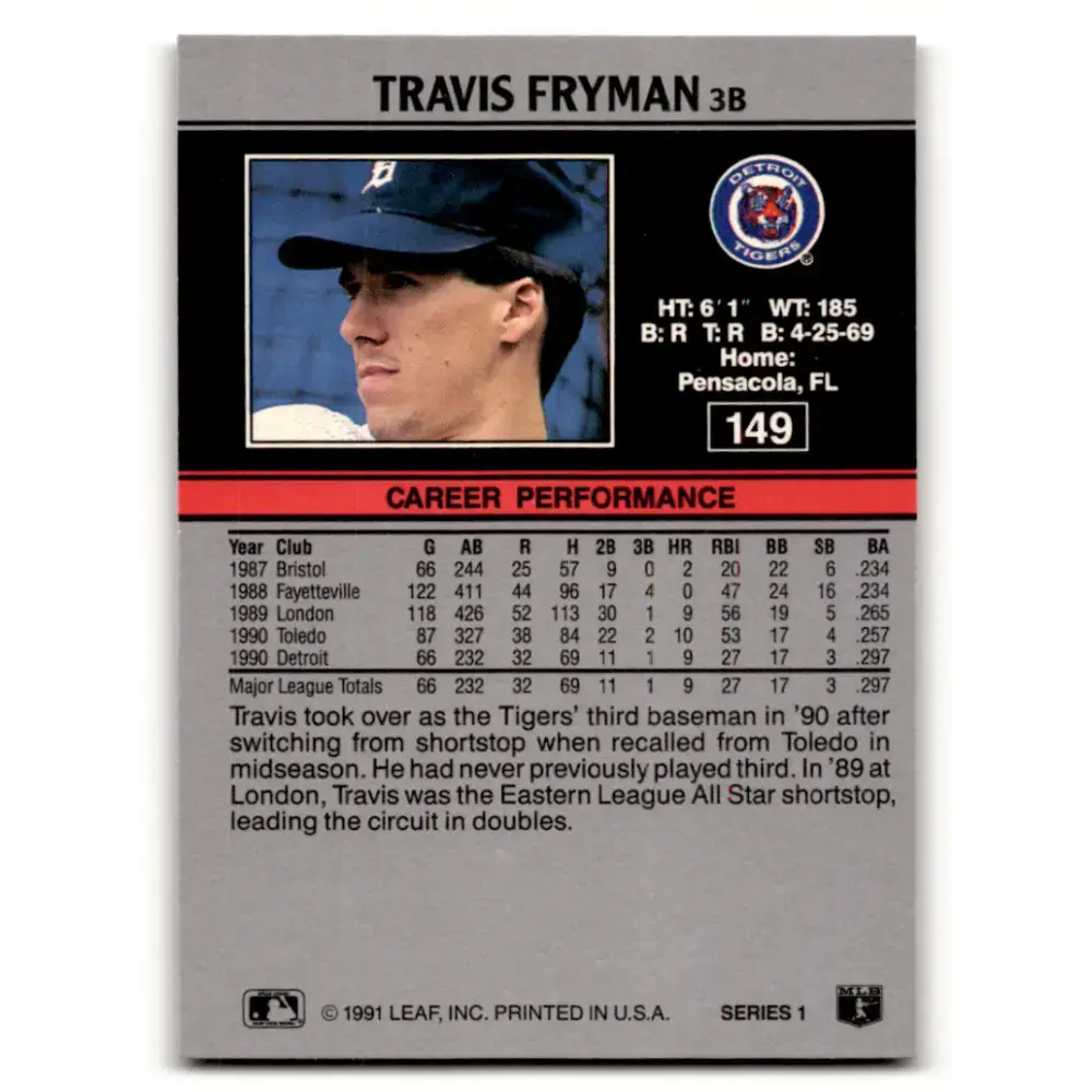 1991 Leaf #149 Travis Fryman NM-MT Detroit Tigers Baseball Card - Baseball Card Single
