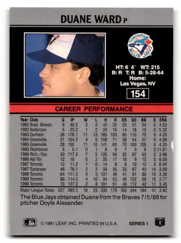 1991 Leaf #154 Duane Ward EX/NM Blue Jays ID:55911 - Baseball Card Single