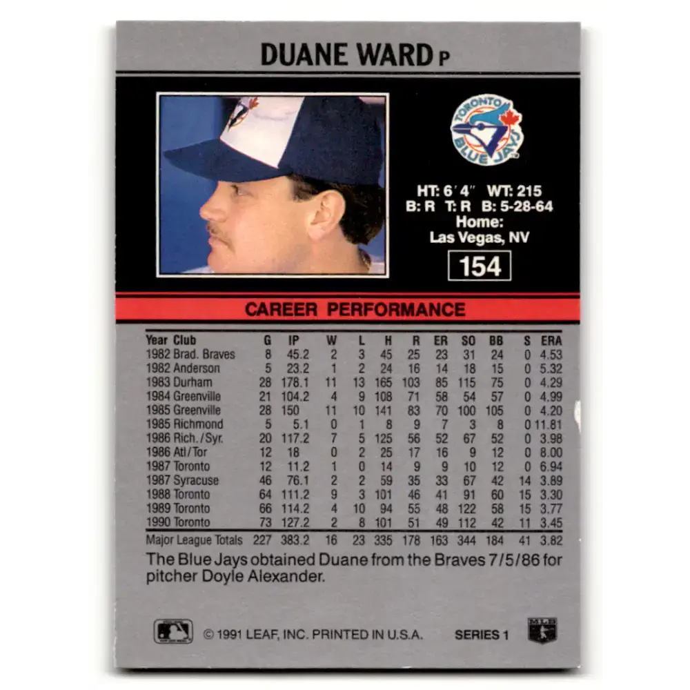 1991 Leaf #154 Duane Ward NM-MT Toronto Blue Jays Baseball Card - Baseball Card Single
