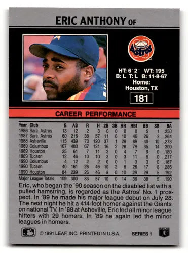 1991 Leaf #181 Eric Anthony NM Near Mint Astros ID:55909 - Baseball Card Single